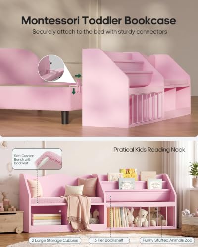 Pink Toddler Twin Bed with Montessori Bookcase Teddy Fleece & Guardrails