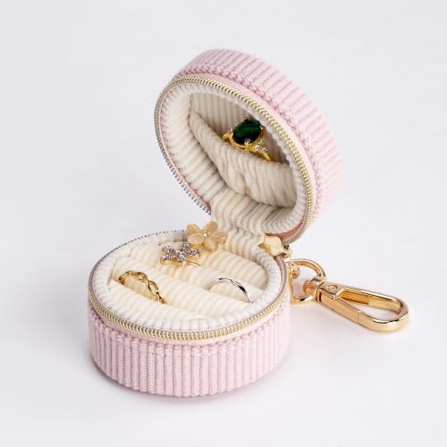 Pink Velvet Jewelry Travel Case with Keychain - Small Ring & Earring Organizer