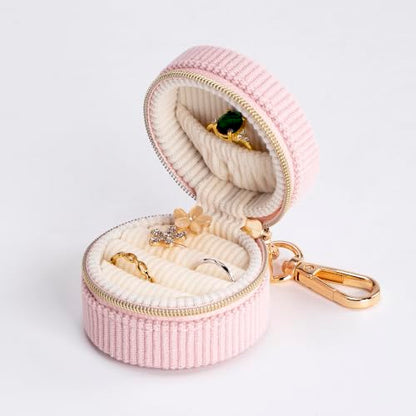 Pink Velvet Jewelry Travel Case with Keychain - Small Ring & Earring Organizer