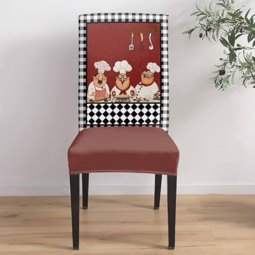 Fat Chefs Dining Chair Covers Set of 4 Black & White Buffalo Plaid Stretch Slipcovers - Washable, Protects & Decorates Chairs