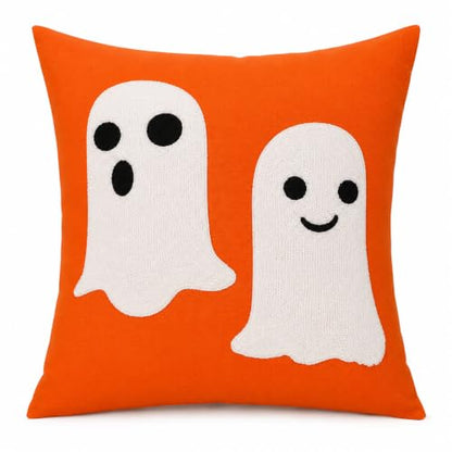 Halloween Ghost Throw Pillow 18x18 Inch with Insert - Orange Embroidered Decor