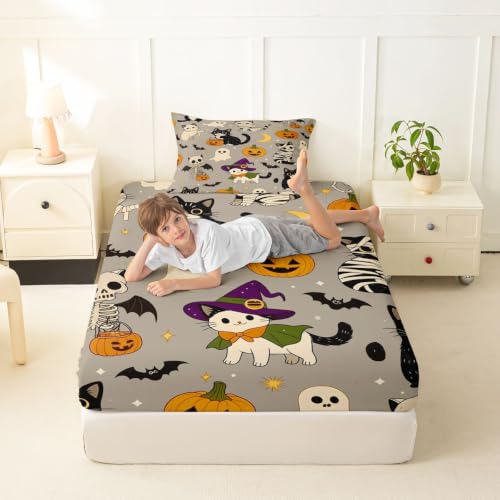Dusty Gray Multi Cartoon Halloween Bed Sheets Set for Kids Twin Size Pumpkin & Cat Bedding with Deep Pockets