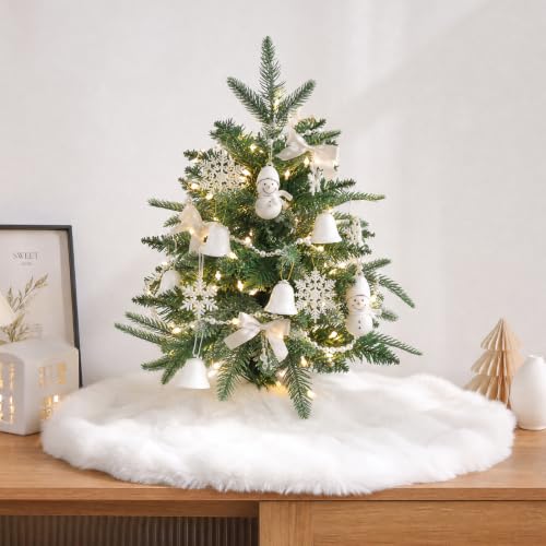 24 Inch White Christmas Tree Skirt Faux Fur Mini Snowflake Pattern - Cream White