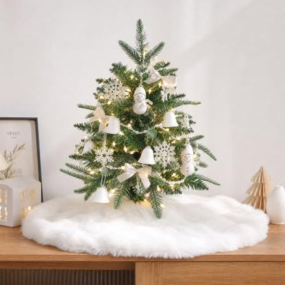 24 Inch White Christmas Tree Skirt Faux Fur Mini Snowflake Pattern - Cream White