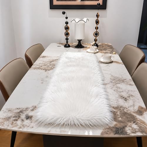 Faux Fur Table Runner 12x36 Inch White Christmas Decor Cozy Holiday Dining
