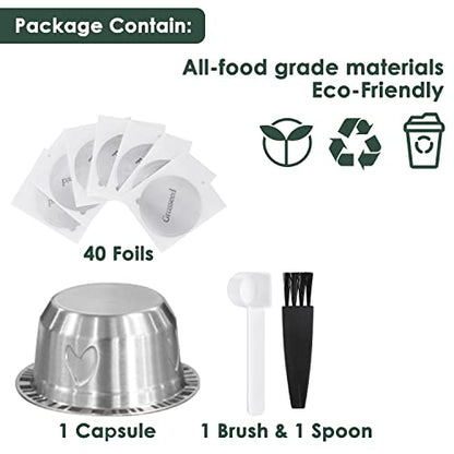 Grasseed Refillable Vertuo Capsule, Reusable Stainless Steel Vertuo Pod Kit with 40 Foil Lids, Spoon, Brush, Brew 7.8oz- Compatible with Vertuoline Machine