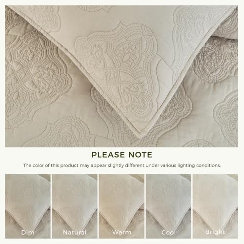 Beige King Size Cotton Quilt Set - 3PC Bedspread with Shams
