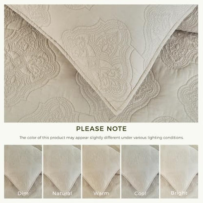 Beige King Size Cotton Quilt Set - 3PC Bedspread with Shams