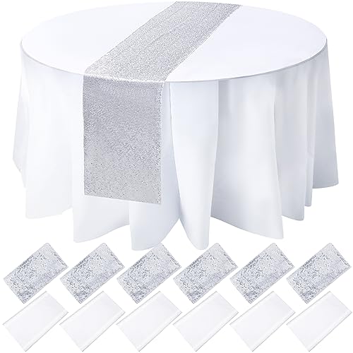 Silver and White Round Plastic Tablecloth & Sequin Runner Set - Party Decor