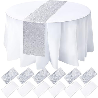 Silver and White Round Plastic Tablecloth & Sequin Runner Set - Party Decor