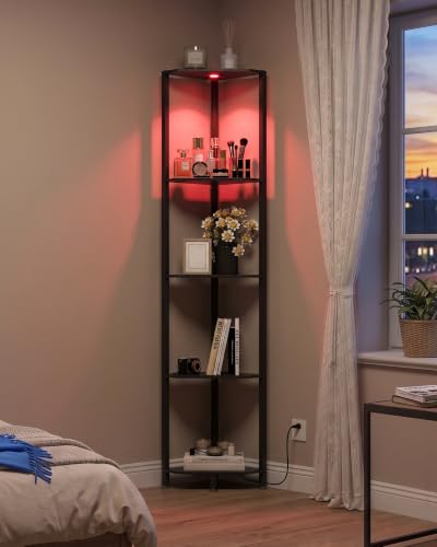 65-Inch Corner Shelf with LED Spotlight 5-Tier Industrial Display Black