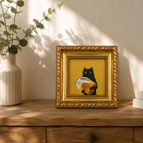Black Cat Oil Painting with Fish Tank Gold Framed Canvas Art