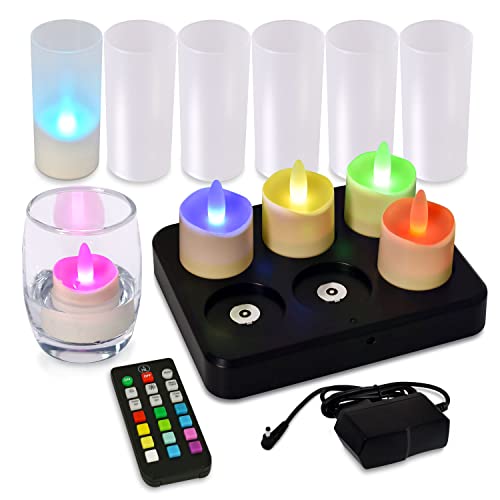 Rechargeable Flameless Tea Lights with Remote & Charging Base - RGB 6PCS