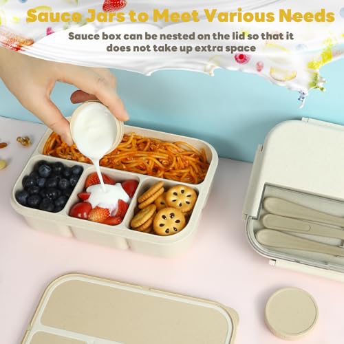 danliar Bento Lunch Box for Kids, Wheat Straw 5.5 Cups Leakproof Adult Bento Box with 2 Sauce Jars, 4 Compartments Lunchable Snack containers, Utensils, Microwave & Dishwasher Safe (Wheat Straw Beige)