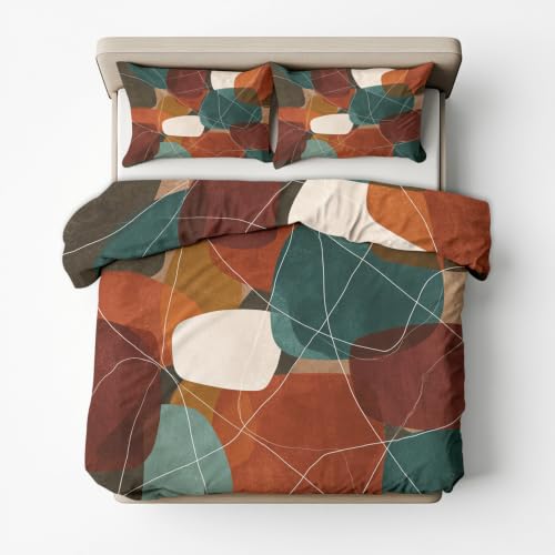 Geometric Abstract Duvet Cover Set Queen Size 3 Piece Terracotta & White