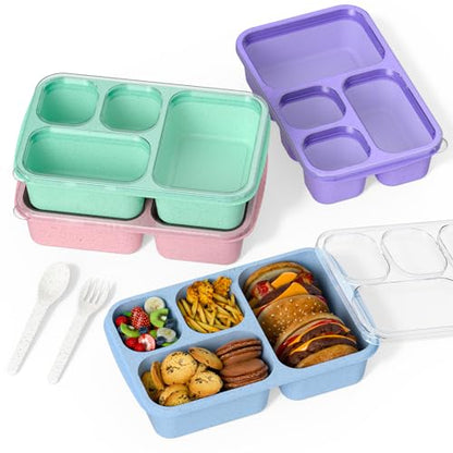 Bento Box for Adults and Snack Containers Set of 4 - Stackable, with 4 Compartments, Microwave & Dishwasher Safe, BPA Free - Reusable Meal Prep Containers for Kids and Adults (4 Colors)