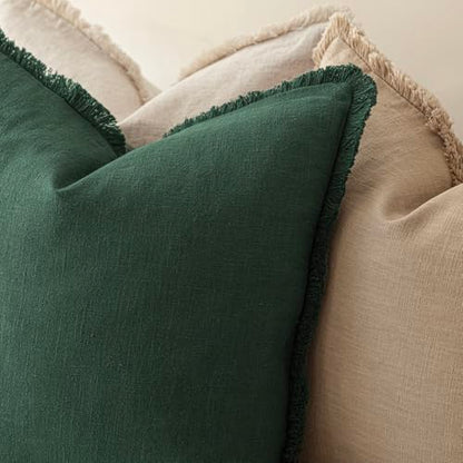 Foindtower Set of 2 Decorative Linen Fringe Throw Pillow Covers Cozy Farmhouse Cushion Cover with Tassels Accent Pillowcase for Couch Chair Sofa Bed Living Room Home Decor,18×18 Inch,Dark Olive Green