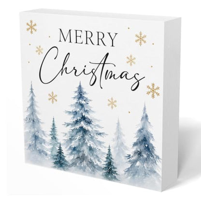 Christmas Tree Wooden Sign Decor 5x5 Inches with Blue Watercolor Pines Variation