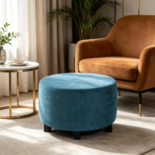 Navy Velvet Round Ottoman Slipcover 32 Inch Stretch Footstool Cover