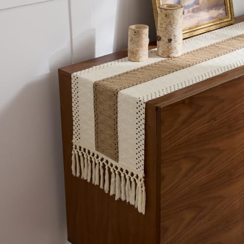 Beige Farmhouse Macrame Table Runner 12x90 Inch for Fall Home Decor