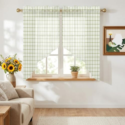 Sage Green Checkered Swag Curtains 28W x 36L Set - Farmhouse Semi-Sheer Window Valances