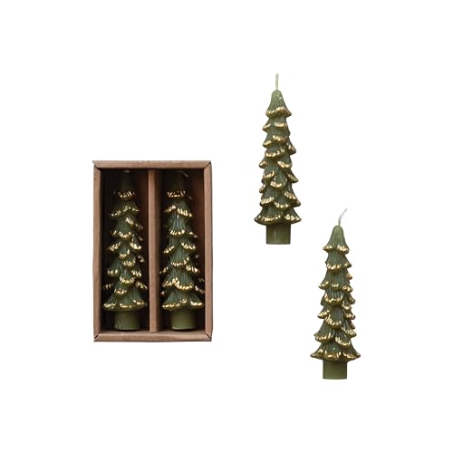 Evergreen Tree Shaped Taper Candles with Gold Tips - Set of 2, 4.75"