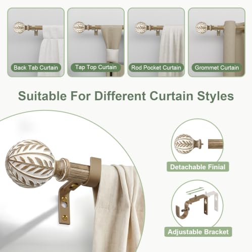 Adjustable Weathered Wood Curtain Rods 72-144 Inch with Decorative Brackets - Hand-Painted Leaf Design