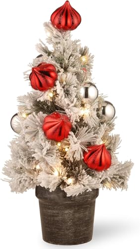 Pre-Lit Artificial Christmas Tree 24 Inches Snowy Bristle Pine with White LED Lights