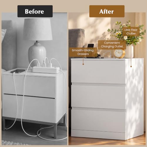 Nightstands Set of 2 with Charging Station, 3 Drawers, White - Medium