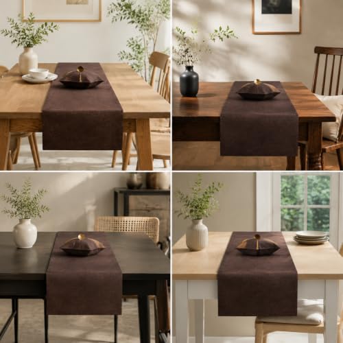 Espresso Brown Faux Linen Water Resistant Table Runner 72in - Rustic Decor