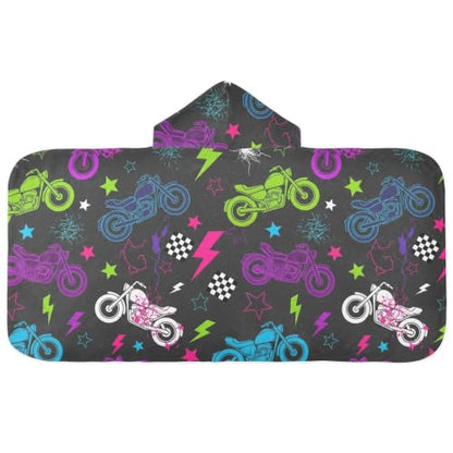 Kids Hooded Beach Towel Poncho with Neon Motorcycle Design - Soft & Absorbent