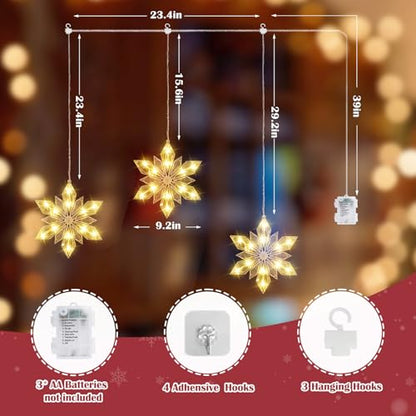 Quntis Christmas Snowflake Window Lights 3 Pack 36 LEDs Diamond-Star Decor with 8 Light Modes