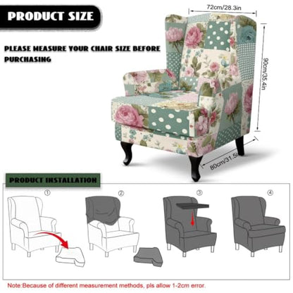 Floral Patchwork Wingback Chair Slipcover with Ottoman Cover - Protective Furniture Set