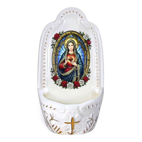 Porcelain Holy Water Font Wall Mount Immaculate Heart Devotional Artwork