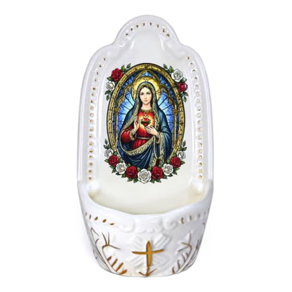 Porcelain Holy Water Font Wall Mount Immaculate Heart Devotional Artwork