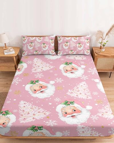 Christmas Santa Claus Xmas Tree Fitted Bed Sheet King Pink Variation