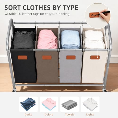 Laundry Sorter 4 Section with Wheels - 47.5 Gal Heavy Duty Laundry Cart