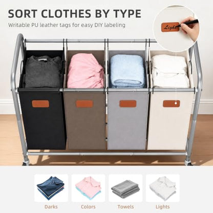 Laundry Sorter 4 Section with Wheels - 47.5 Gal Heavy Duty Laundry Cart