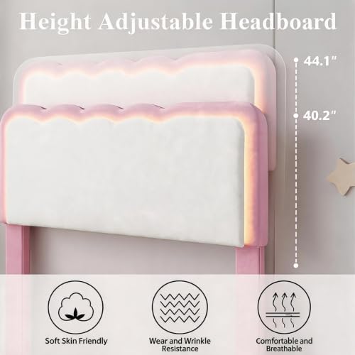 Pink Twin Bed Frame with Storage Drawers, LED Lights & Wavy Cloud Headboard