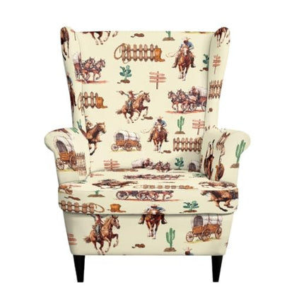 Western Cowboy Horse Wingback Chair Cover Reversible Dustproof Slipcover with Ottoman Protector - Fits Most Wing Chairs, Washable, Furniture Protector