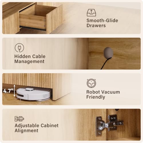 YESHOMY 70-Inch Fluted TV Stand for 55-75 Inch TVs, Oak Finish, Modern Media Console with RGB Lighting and Charging Station