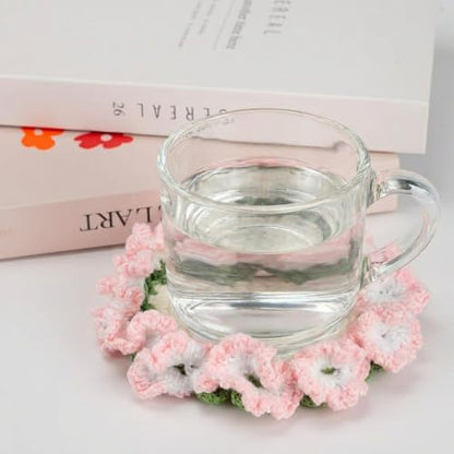 Pink Carnations Crochet Coaster Set - Potted Flower Decor, Handmade