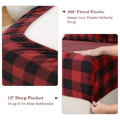 Rdbbuch Queen Plush Micro Fleece Buffalo Plaid Bed Sheet Set - Holiday Winter Flannel, Deep Pocket