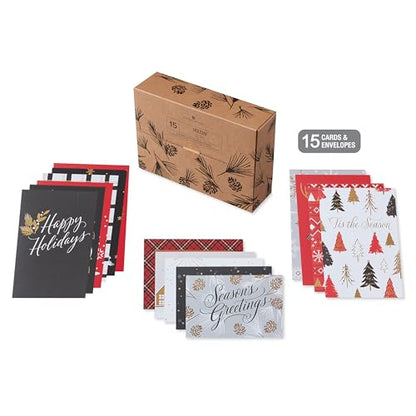 Holiday Greeting Card Bundle with Envelopes & Seals - Red, Black, White & Gold - 15 Count - TRAD HOLIDAY BNDL 15 CT