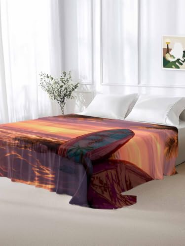 Queen Microfiber Flat Sheet Tropical Sunset Beach Surfboards - Purple, Orange, Black