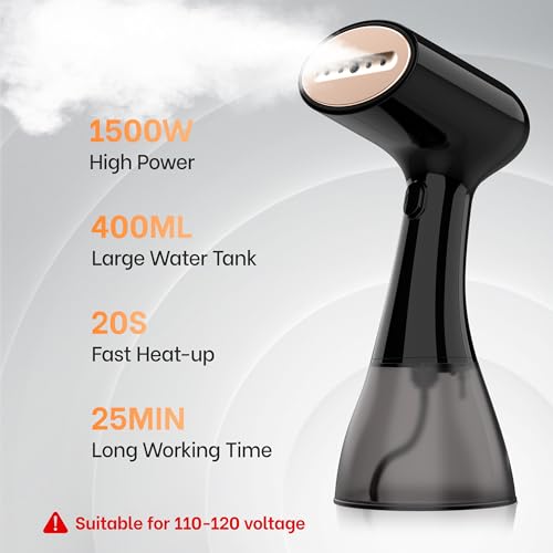 Handheld Clothes Steamer Black 1500W Large Water Tank Portable Travel Wrinkle Remover