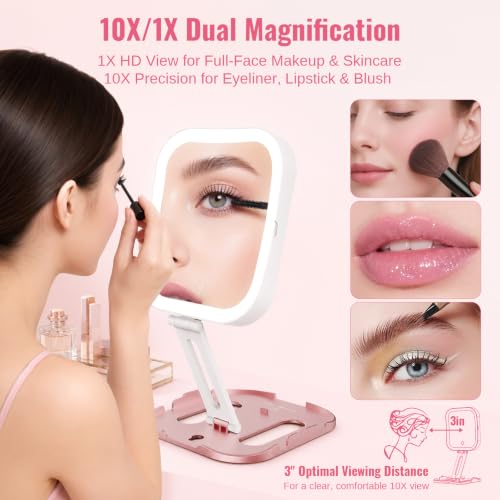 Foldable Travel Makeup Mirror with Lights 10X/1X Magnification USB-C