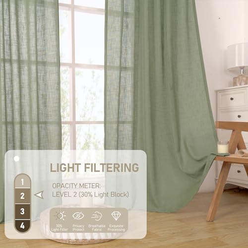 Semi Sheer Linen Curtains 52 x 54 Inch - Sage Green, Pack of 2