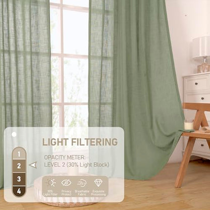 Semi Sheer Linen Curtains 52 x 54 Inch - Sage Green, Pack of 2
