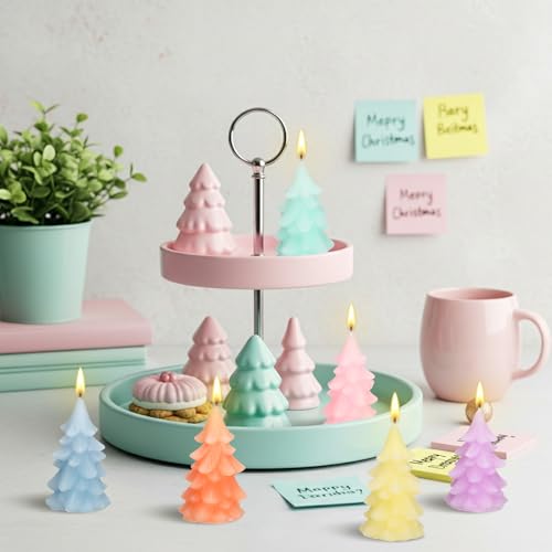Pastel Christmas Tree Candles Set - 6 Mini Holiday Decor - Tree / Pastel / 6